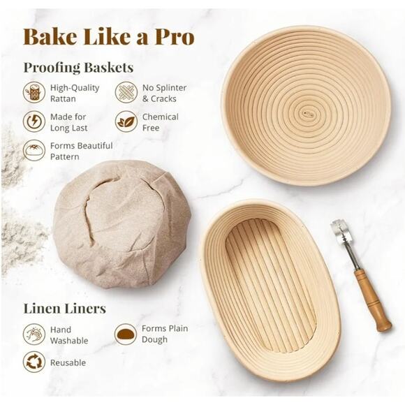 Sourdough Bread Proofing Basket Set, Sourdough Starter Kit, 9" round & 10" Oval - Picture 3 of 7